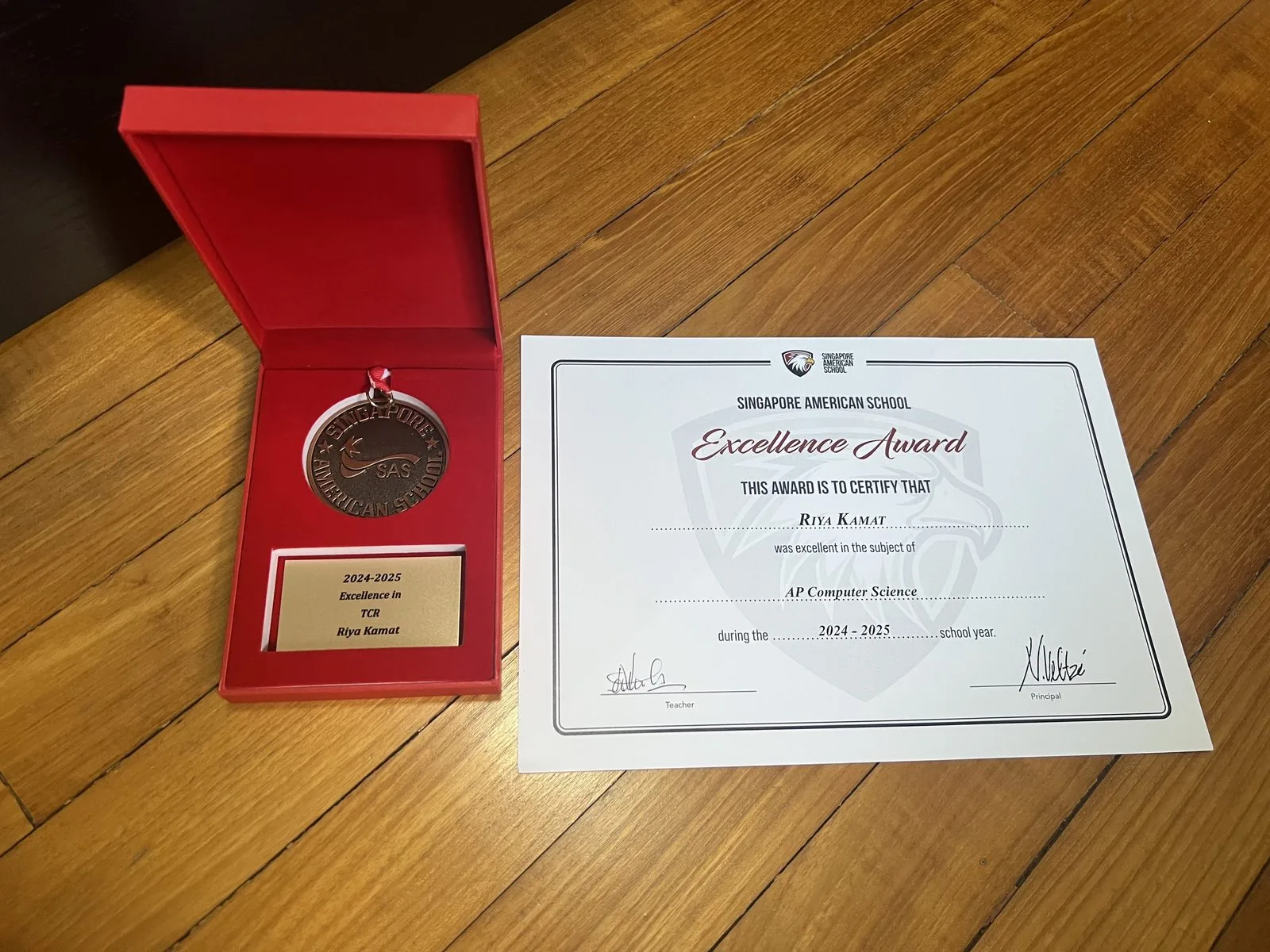 Riya's AP Computer Science Excellence Award certificate